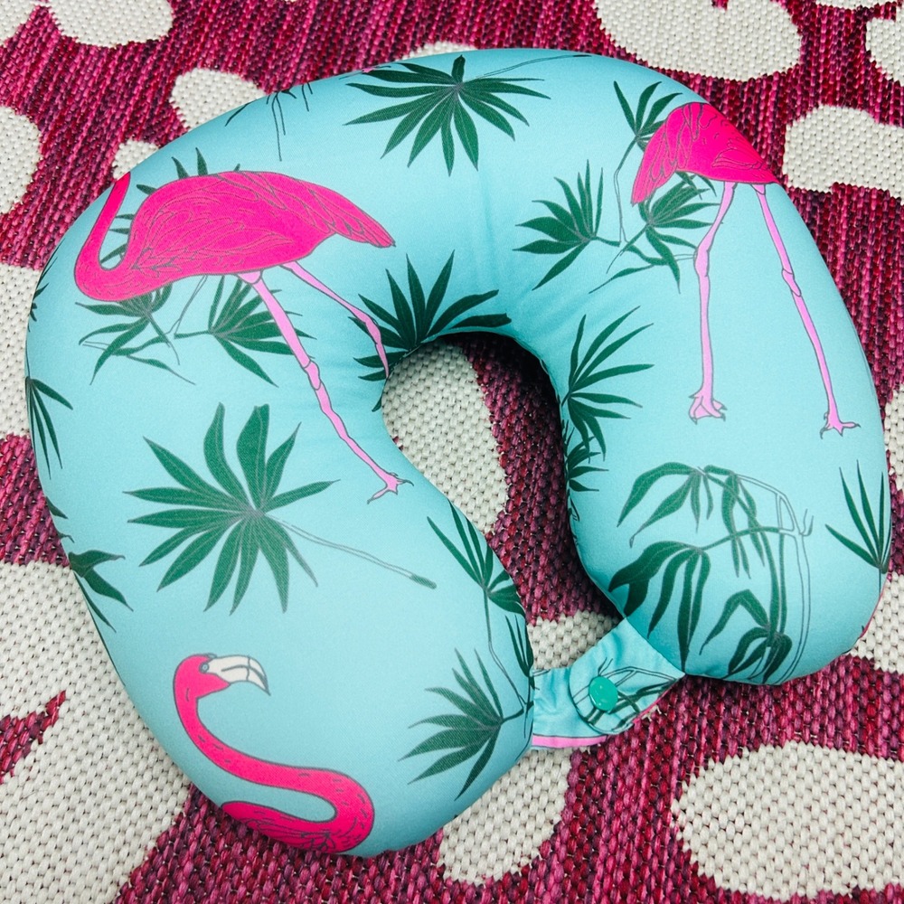 Tropical Pink Flamingo Travel Neck Pillow Microbead Filled w/ Snap Closure NWOT
